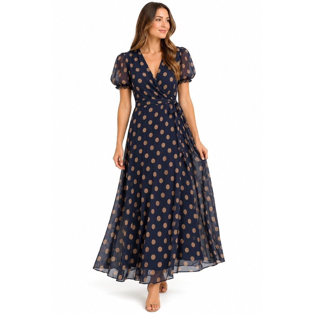 Kate and Lily Navy Tan Polka Dot Mesh Wrap Maxi Dress Puff Sleeve Size 6